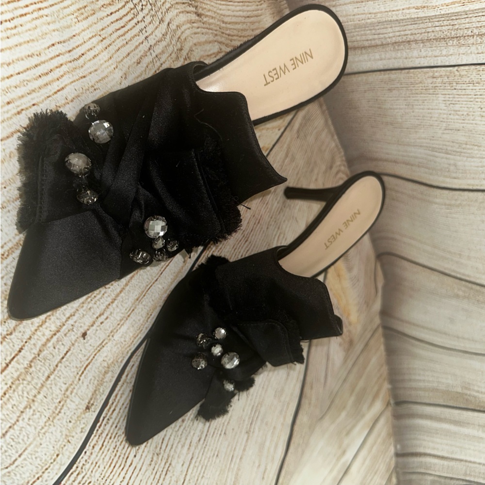 Nine West Black Satin Embellished Heels